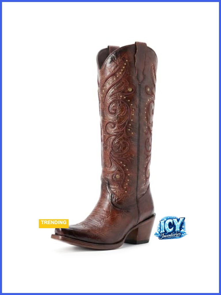 Knee High Cowboy Boots Embroidered Pointed Toe Side Zipper Chunky Heel Retro